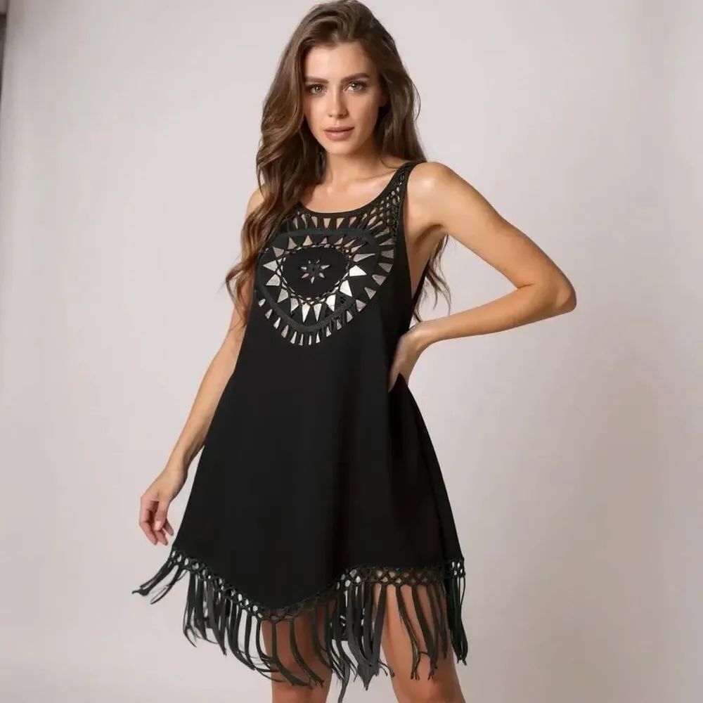 Black Crochet Medallion Fringe Tunic Dress Western Goth Whimsigoth Festival NWT